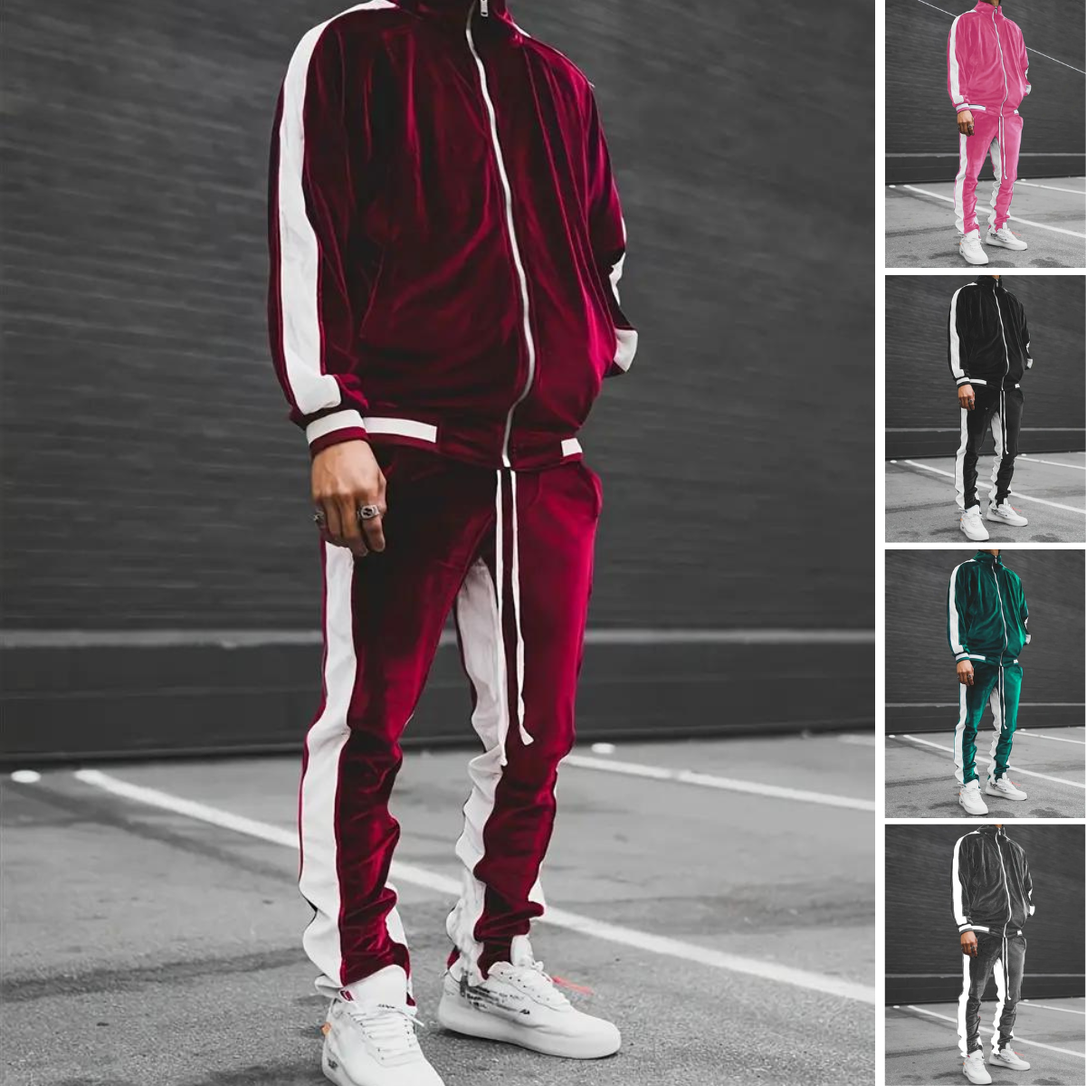 Men's Velvet Tracksuit 2-Piece Set with Zipper and Drawstring