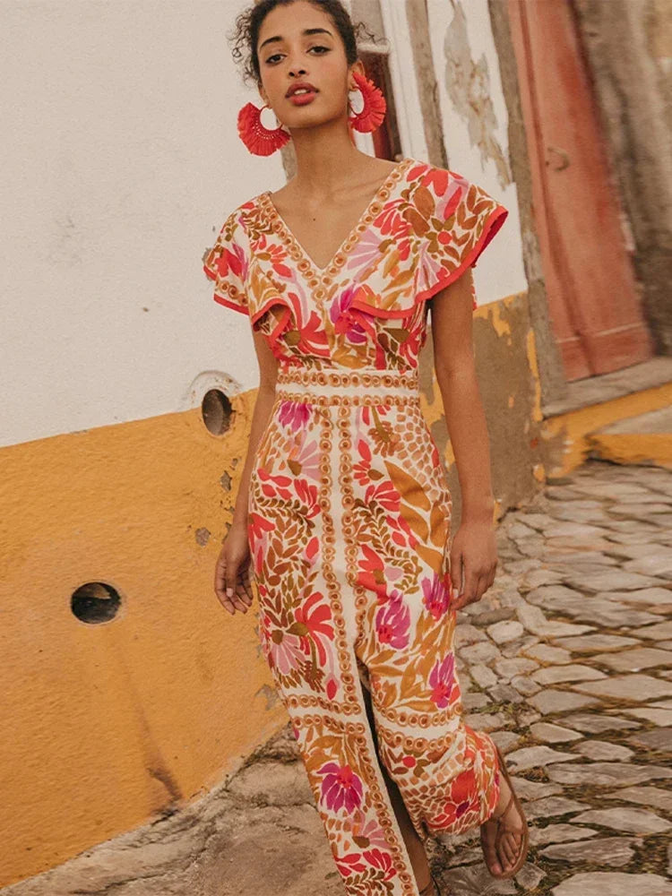 Women's Vintage Maxi Dress with Ruffle Sleeves and Front Slit