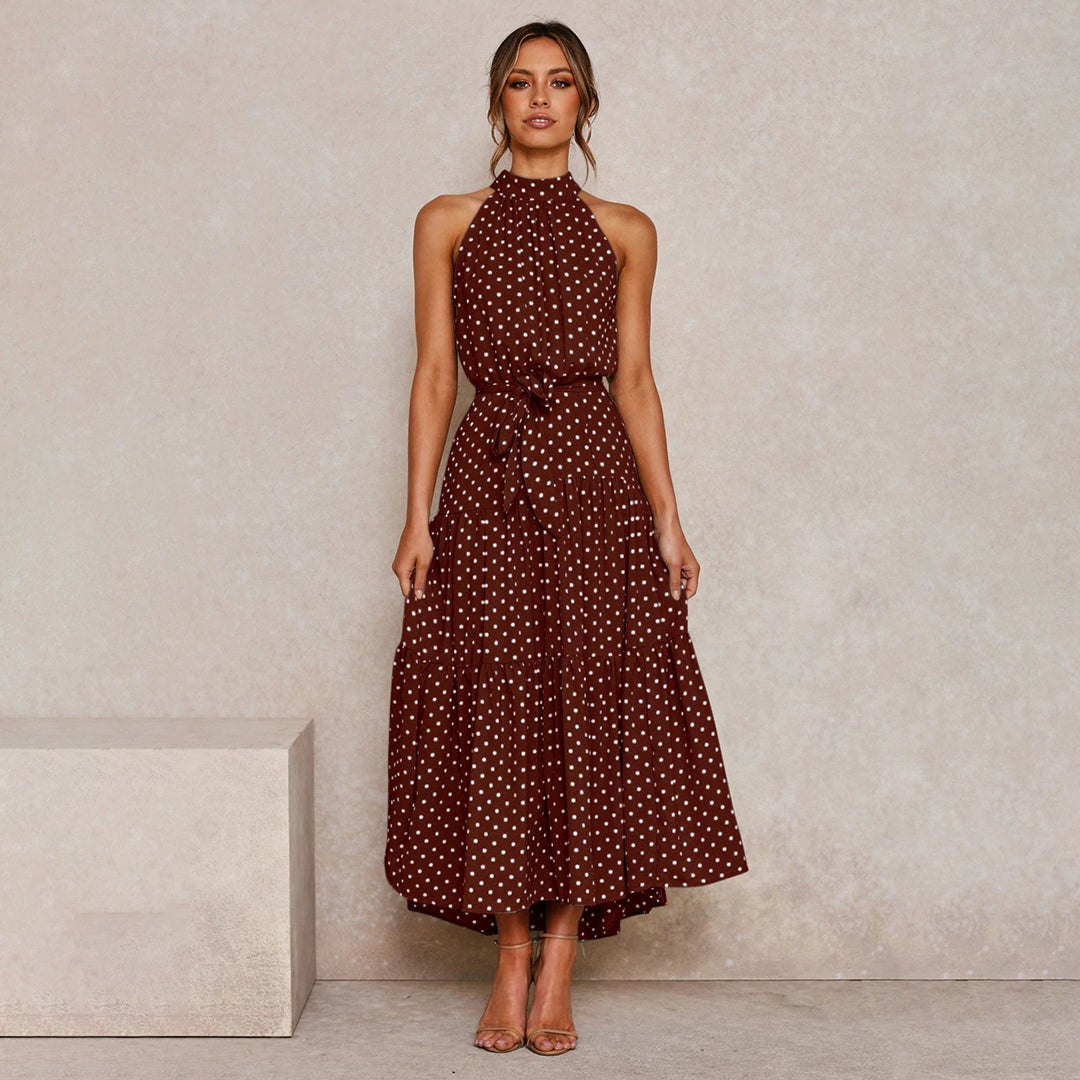 Women’s Polka Dot Halter Neck Maxi Dress with Tie Waist