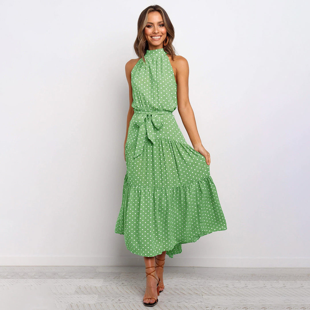 Women’s Polka Dot Halter Neck Maxi Dress with Tie Waist