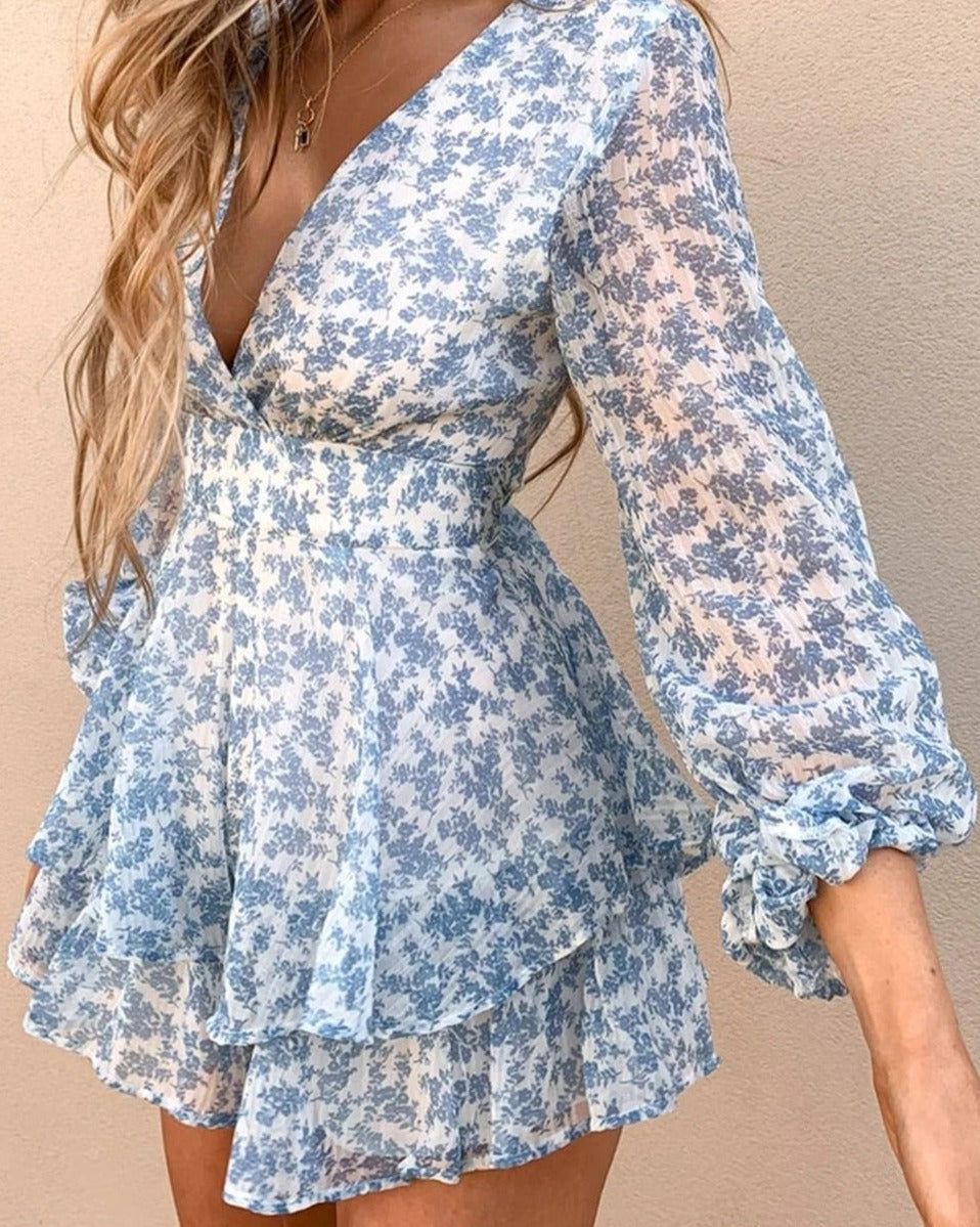 Women’s Long Sleeve V-Neck Ruffle Hem Jumpsuit with Layered Shorts