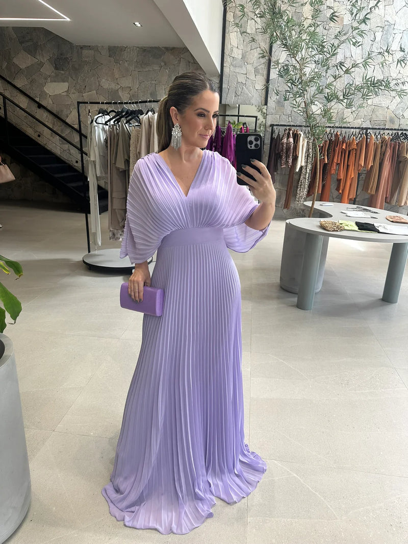 Women’s Elegant Maxi Dress with Pleated Skirt and Wide Sleeves