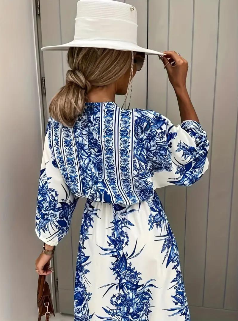 Women's V-Neck Kimono Sleeve Maxi Dress with Floral Print and Belt