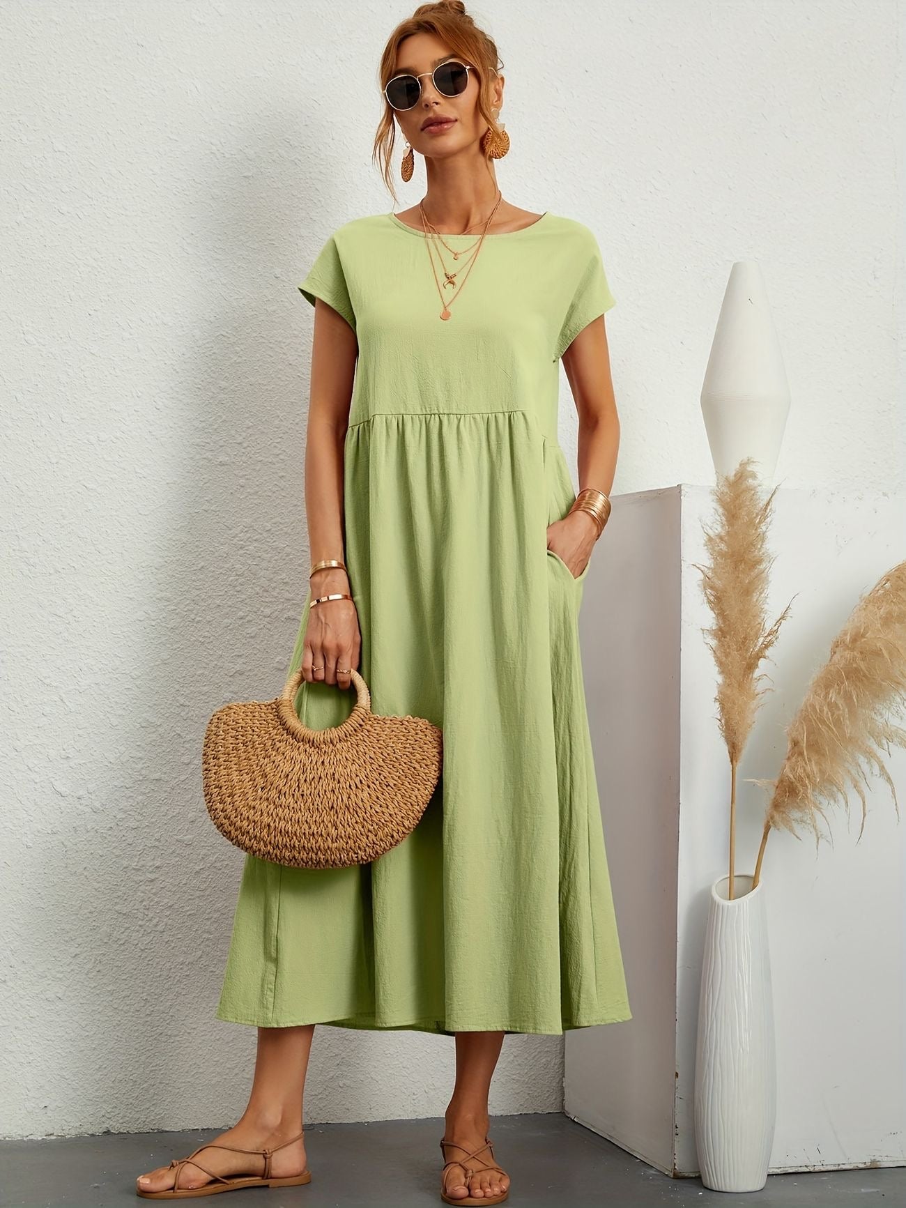 Summer Midi Dress for Women with Short Sleeves and Flowy Silhouette