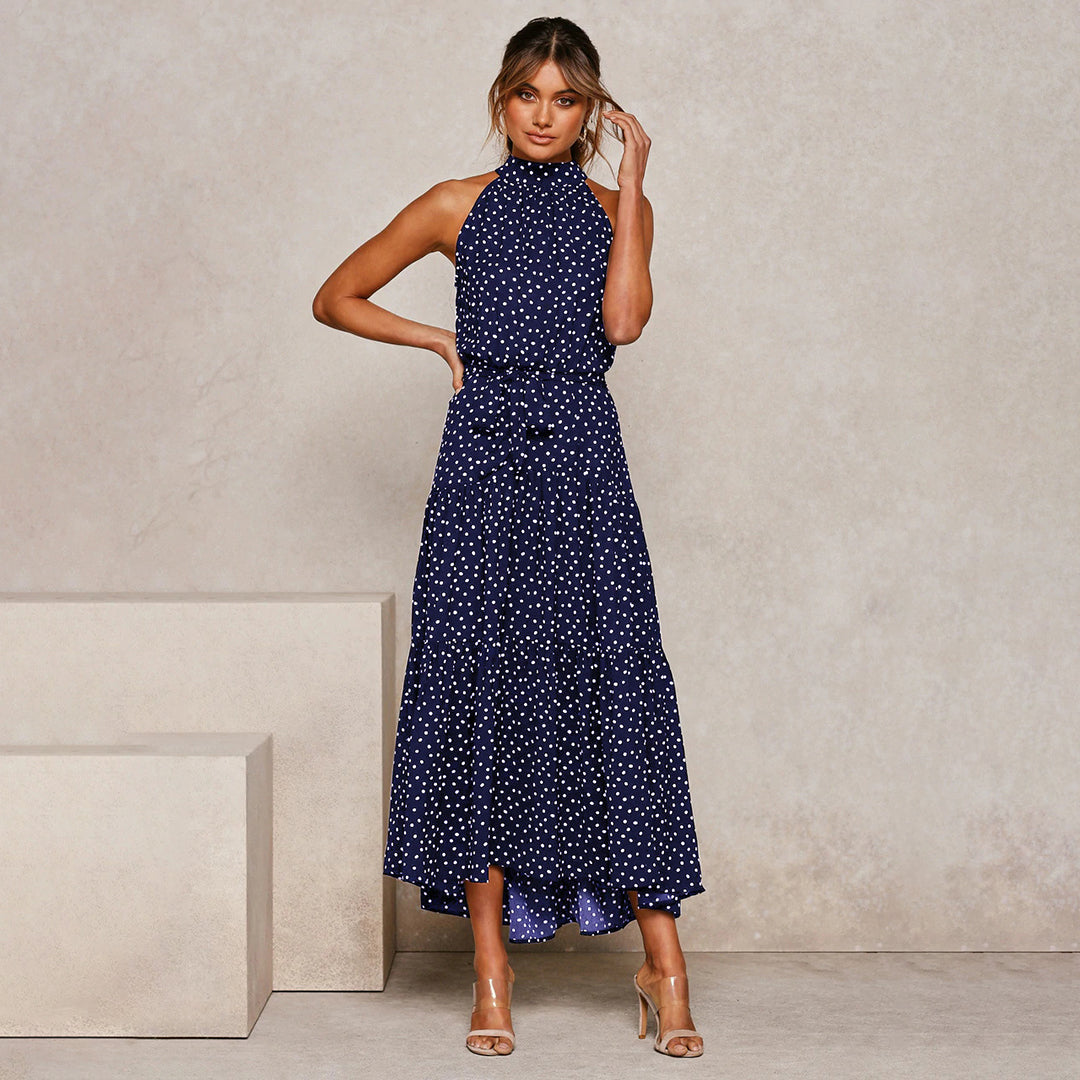 Women’s Polka Dot Halter Neck Maxi Dress with Tie Waist