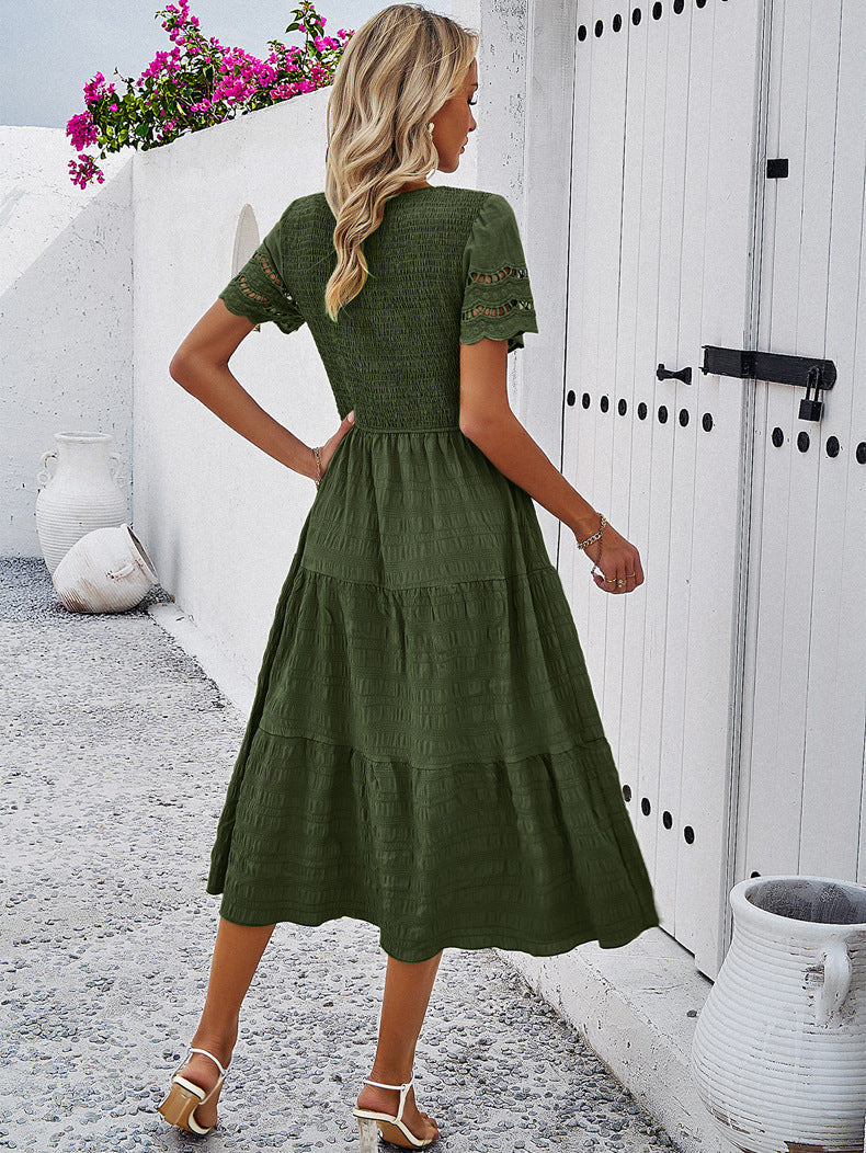 Women's Smocked Midi Dress with Tiered Skirt and Lace Sleeves