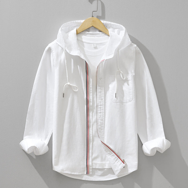 Men's Casual Button-Up Shirt with Hoodie and Long Sleeves
