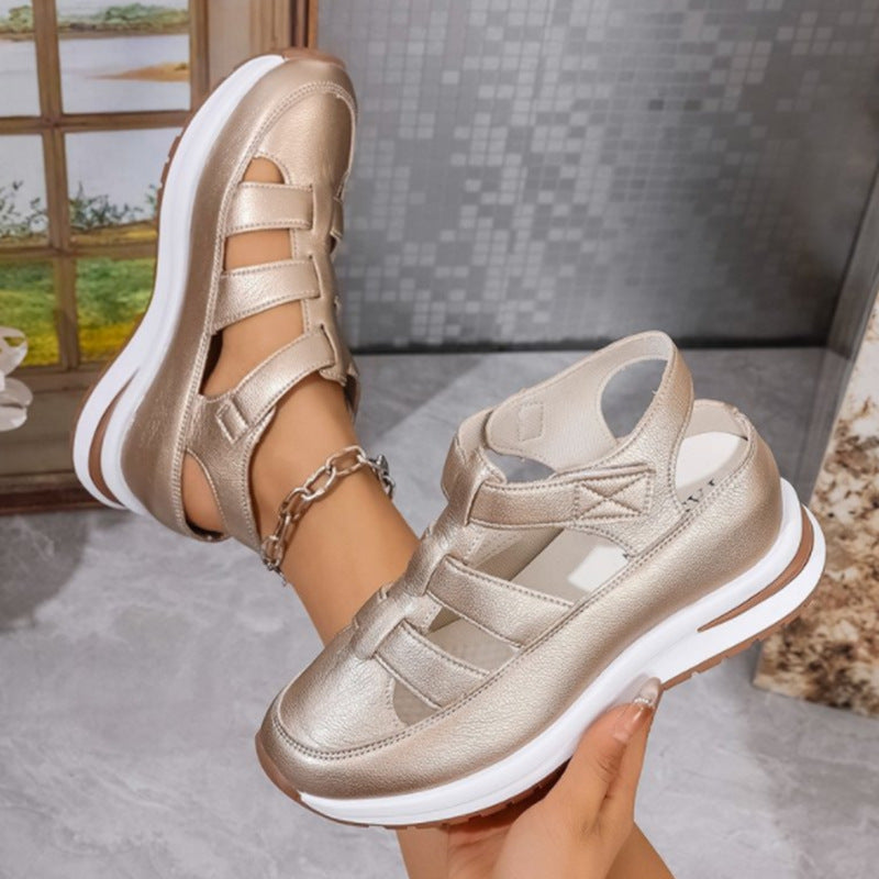 Women's Closed-Toe Wedge Sandals with Velcro Strap and Cut-Outs