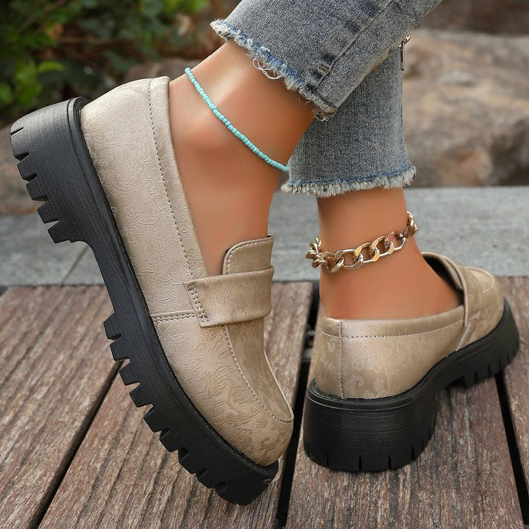 Women's Slip-On Shoes with Embossed Upper and Chunky Platform Sole