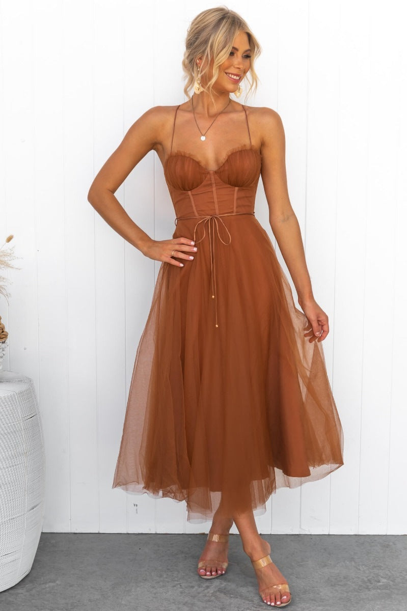 Women's Spaghetti Strap Maxi Dress with Sweetheart Neckline and Sheer Overlay