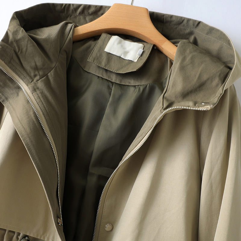 Women's Waterproof Trench Coat with Hood and Drawstring Waist