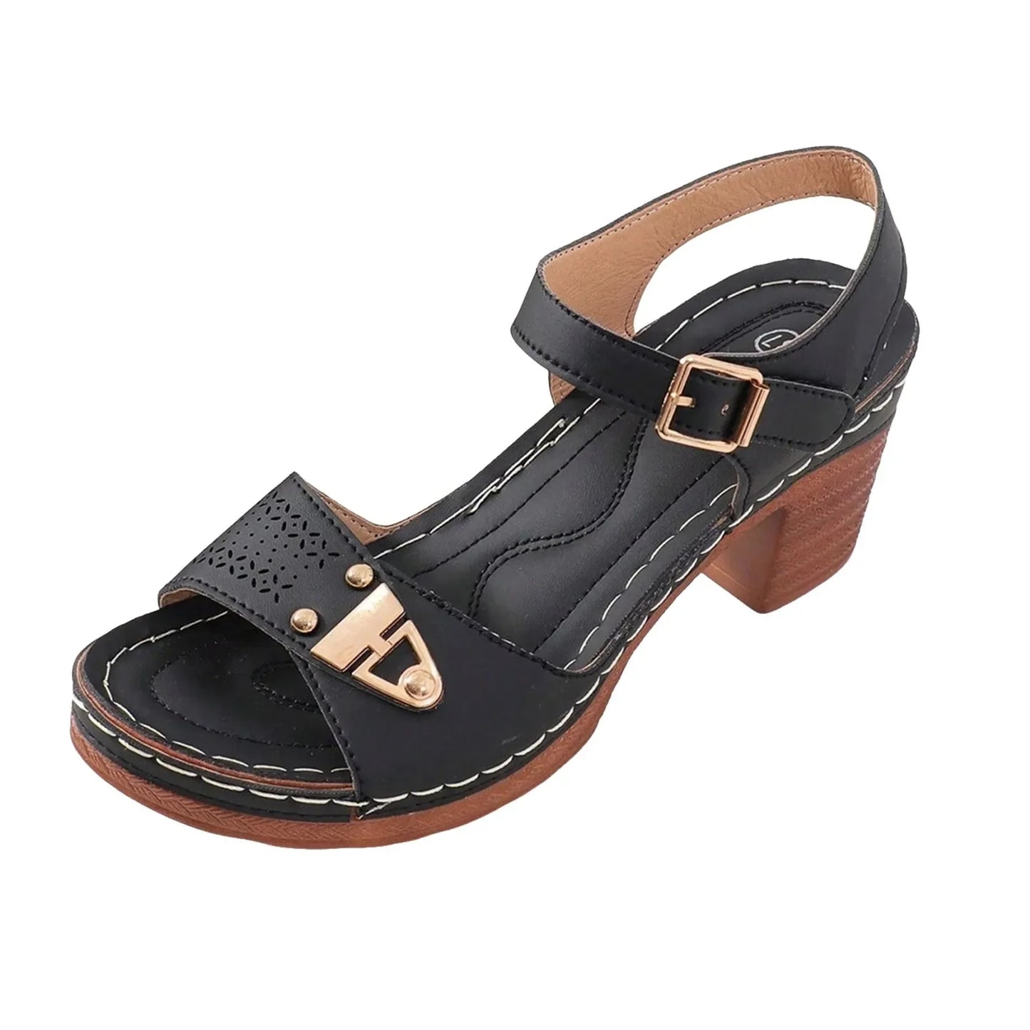 Women's Open-Toe Block Heel Sandals with Buckle and Cutout Design