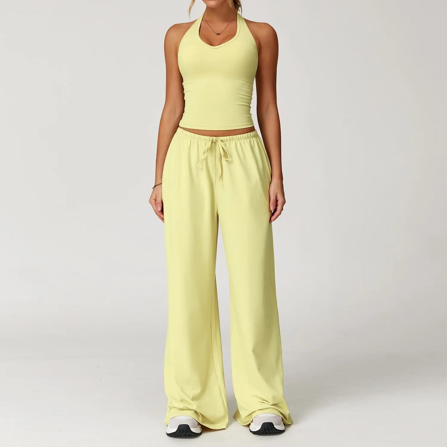 Women’s Two-Piece Lounge Set with Racerback Crop Top and Wide-Leg Pants