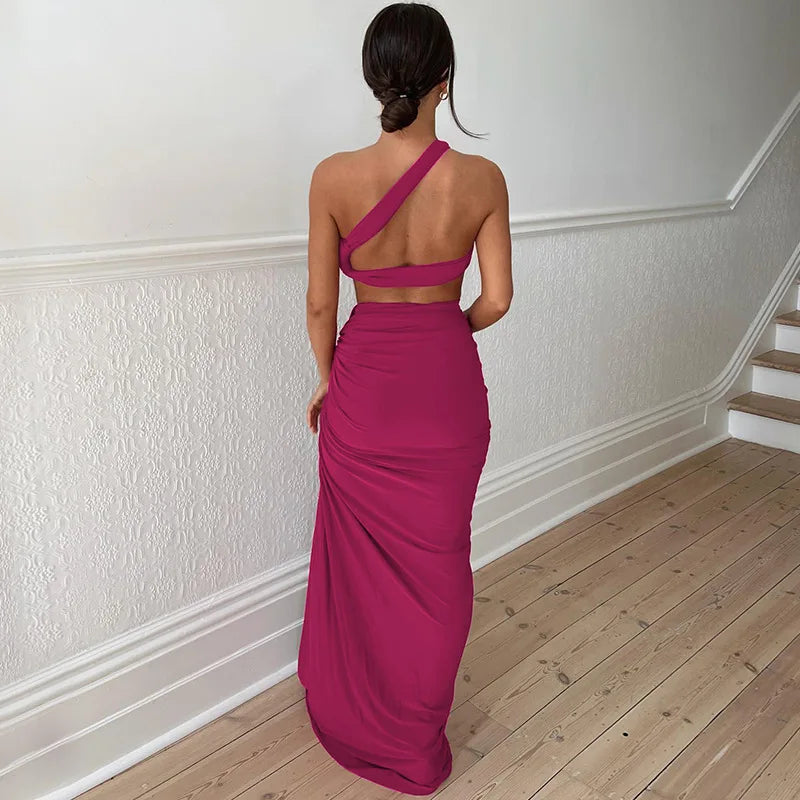 Women's Two-Piece Asymmetrical Top and High-Slit Maxi Skirt Set