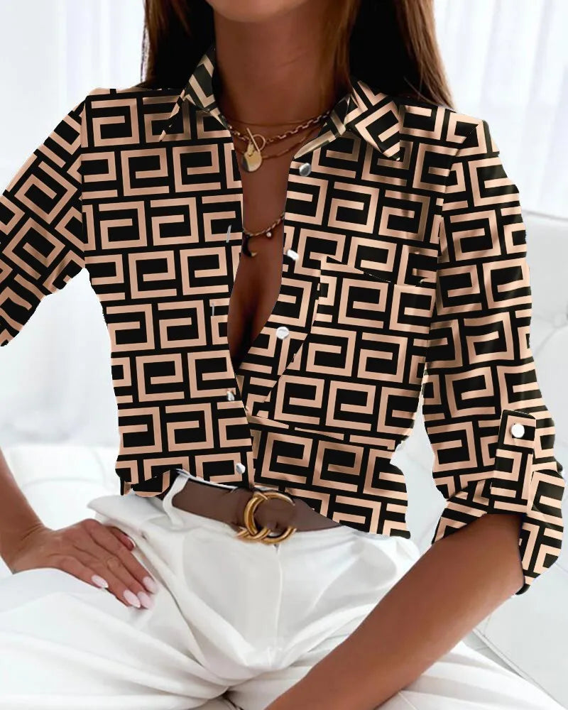 Women's Abstract Print Blouse with Button-Down Design