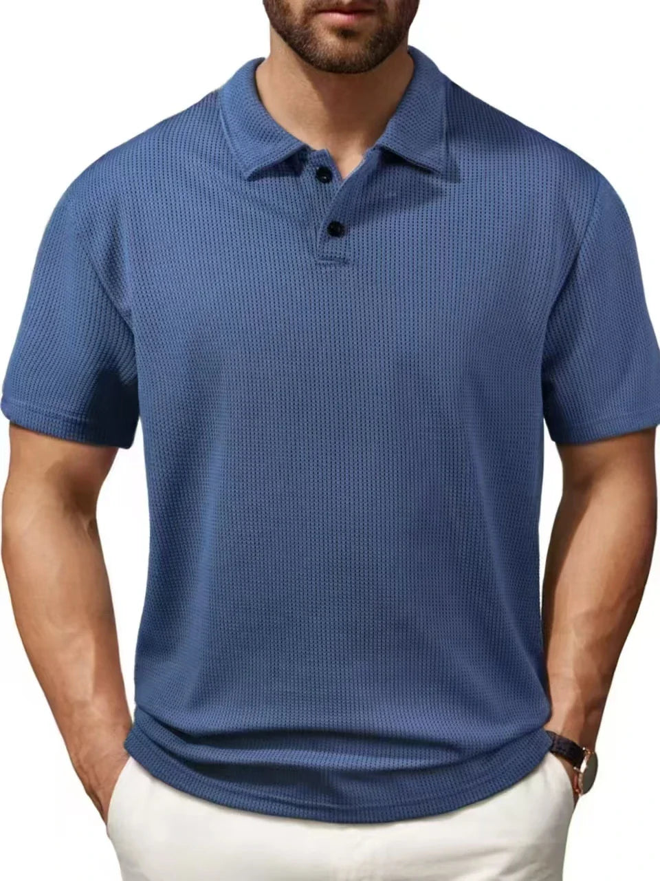 Men's Short-Sleeve Knit Polo Shirt with Breathable Textured Design