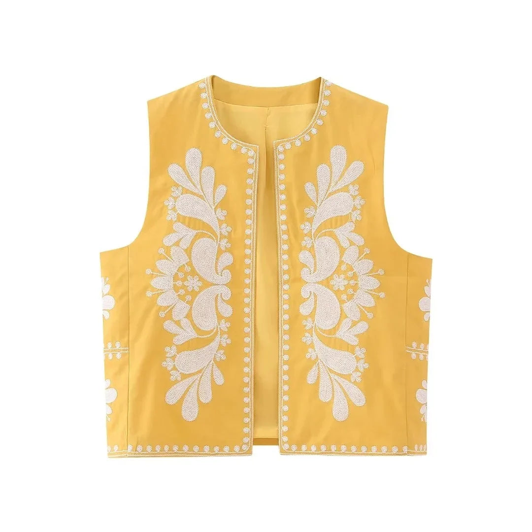 Women's Embroidered Sleeveless Vest with Floral Detailing