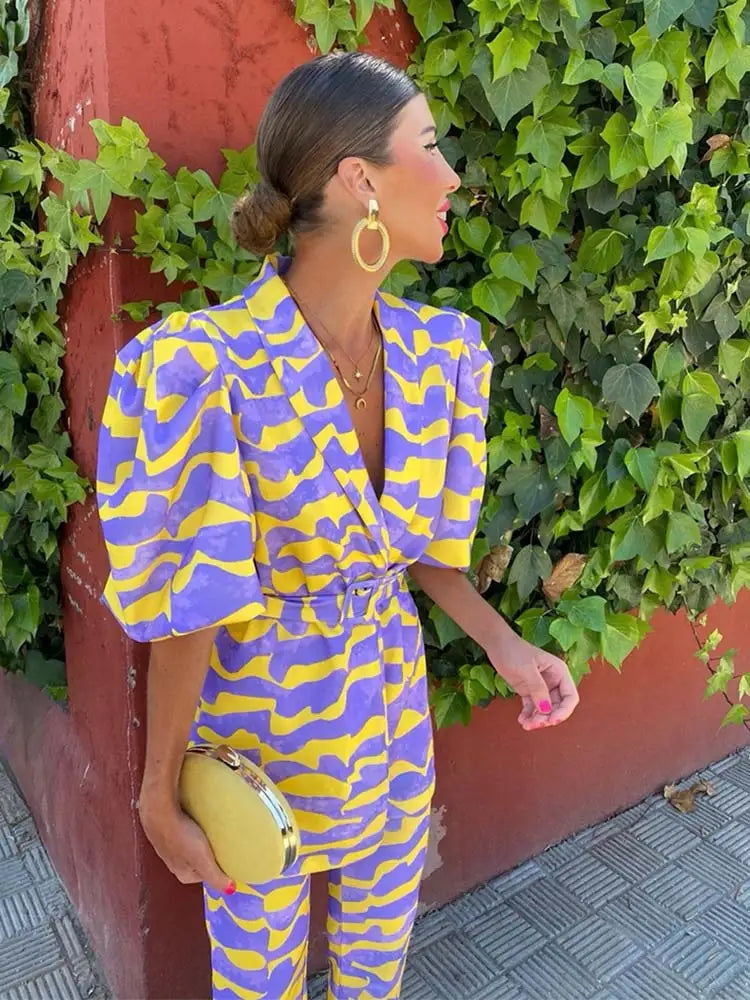 Women's Two-Piece Set with Belted Blazer and Wide-Leg Trousers