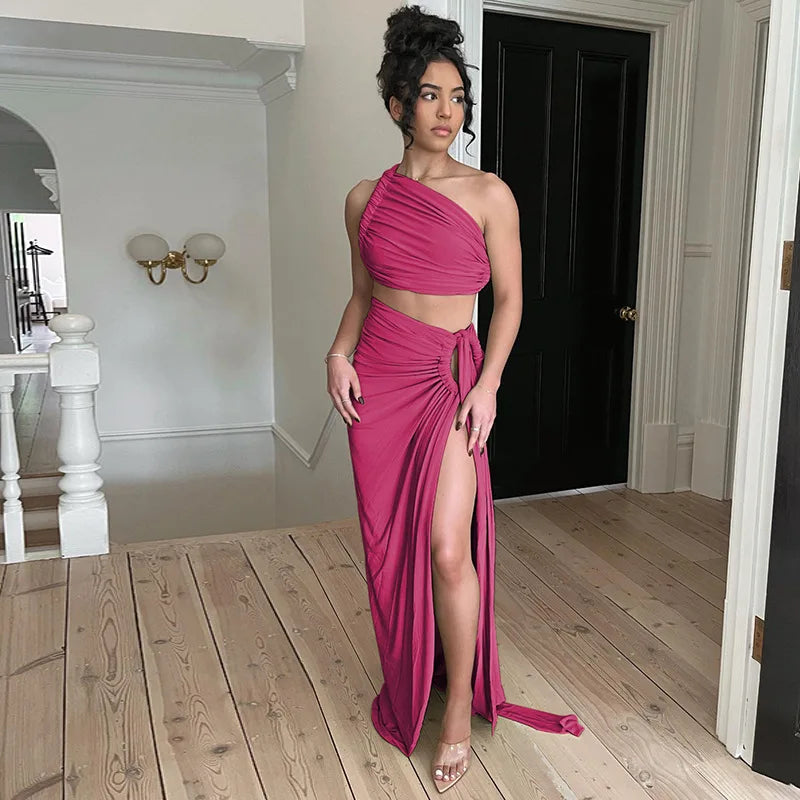 Women's Two-Piece Asymmetrical Top and High-Slit Maxi Skirt Set
