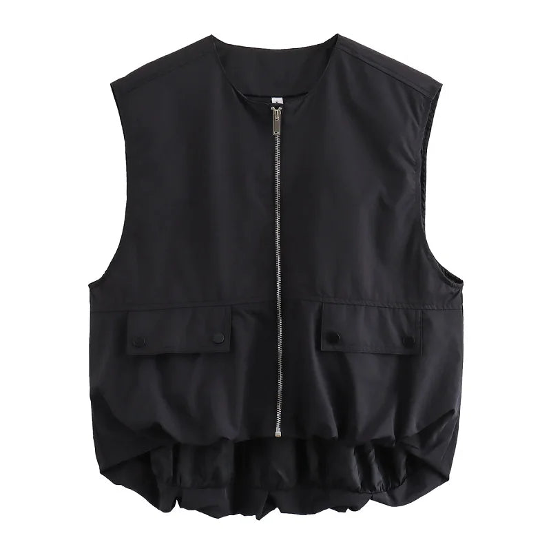 Women's Sleeveless Zip-Up Vest Jacket with Pleated Hem