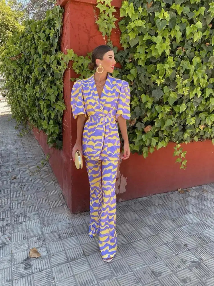 Women's Two-Piece Set with Belted Blazer and Wide-Leg Trousers