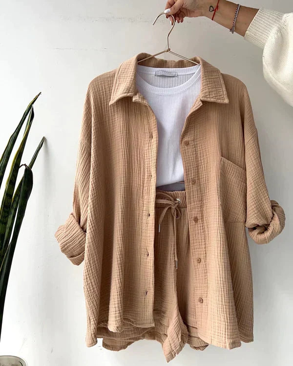 Women's Two-Piece Shorts Set with Button-Down Shirt