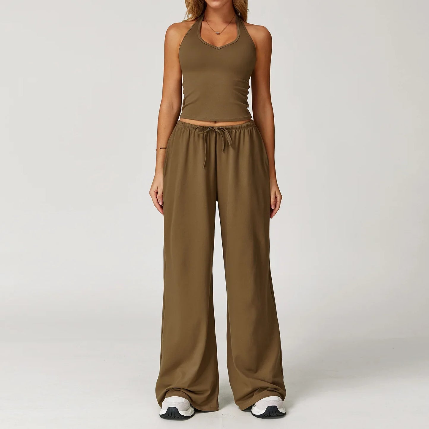 Women’s Two-Piece Lounge Set with Racerback Crop Top and Wide-Leg Pants