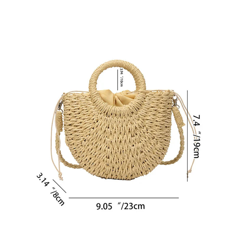 Women's Straw Crossbody Bag with Half-Moon Shape and Top Handles