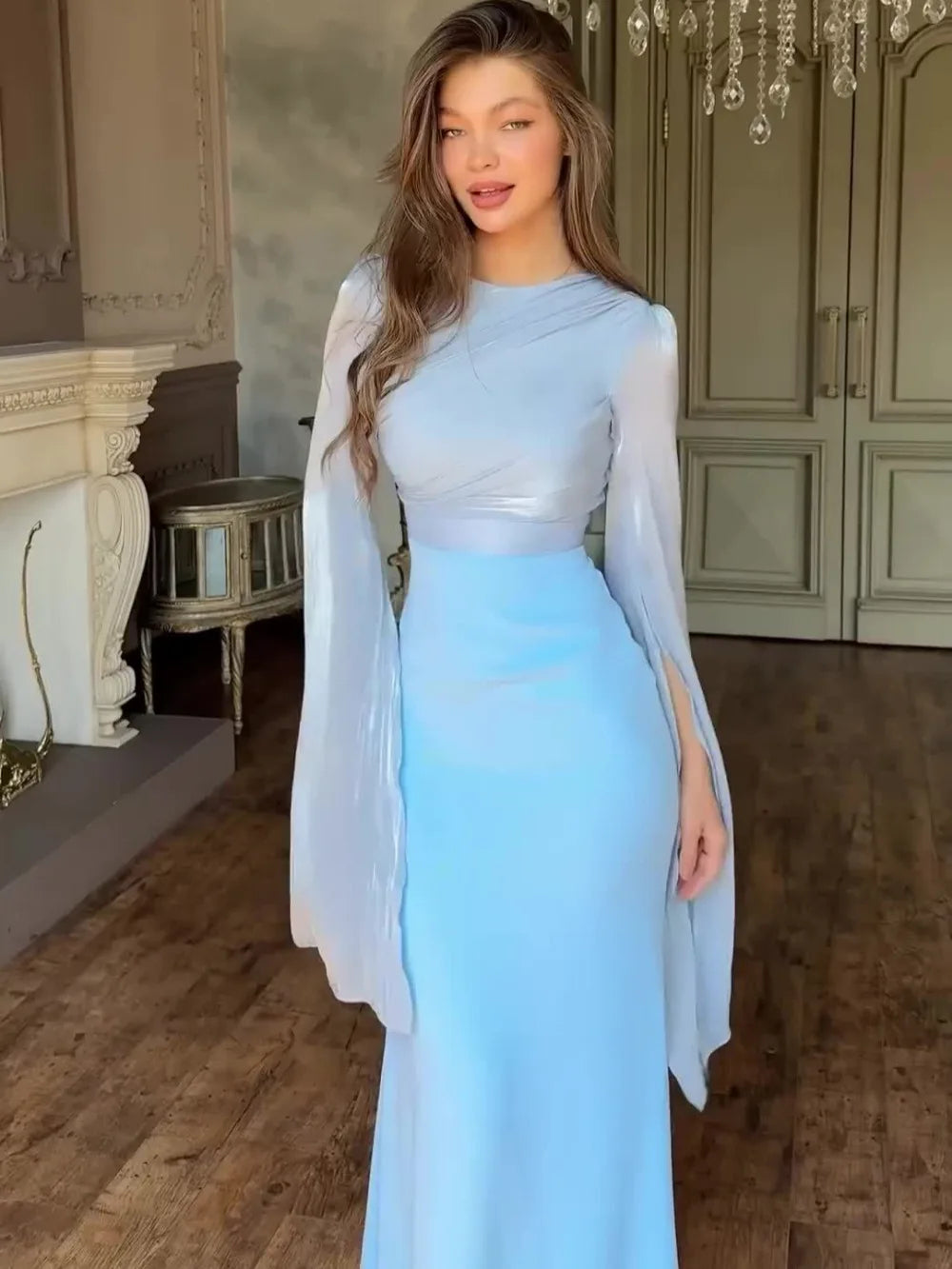 Women's Elegant Maxi Dress with Draped Bodice and Flared Sleeves