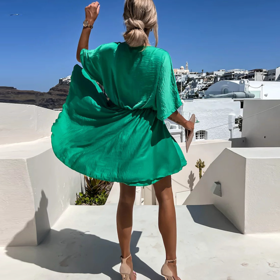 Women's Flowy Mini Dress with V-Neck and Short Batwing Sleeves