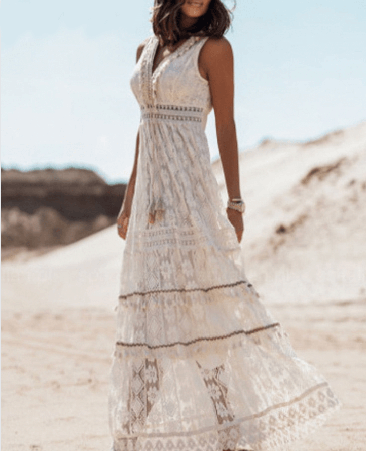 Women’s Boho Lace V-Neck Maxi Dress with Thigh-High Slit
