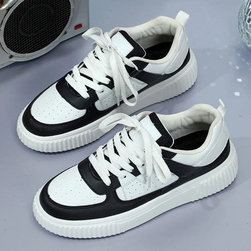 Women's Casual Lace-Up Sneakers with Thick Sole and Perforated Upper