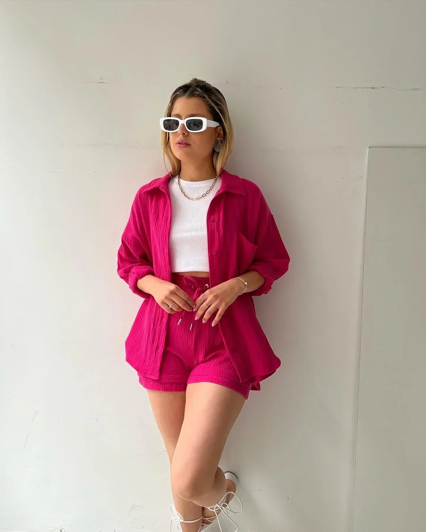 Women's Two-Piece Shorts Set with Button-Down Shirt