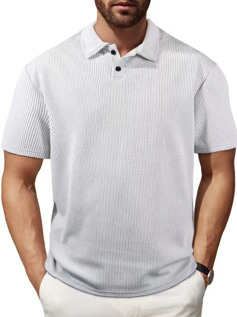 Men's Short-Sleeve Knit Polo Shirt with Breathable Textured Design