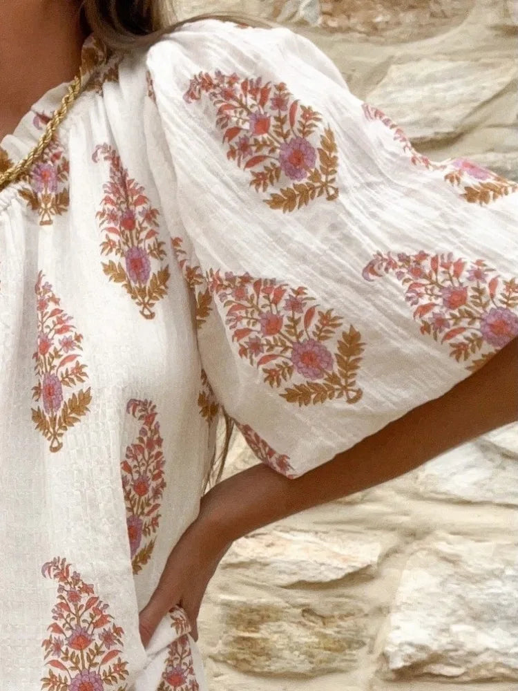 Women's One-Shoulder Printed Mini Dress with Puff Sleeve Design