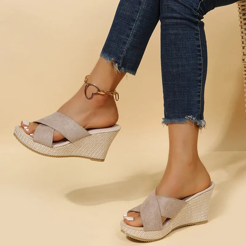 Women's Cross-Strap Wedge Sandals with Elegant Detailing
