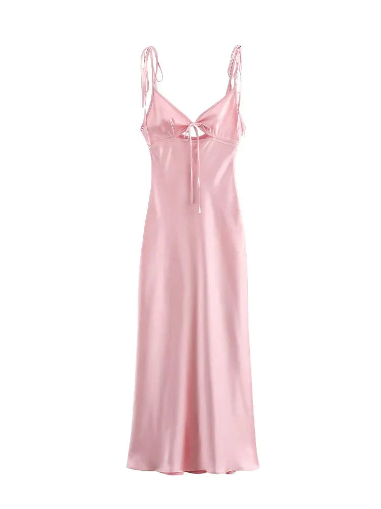 Women's Sleeveless Tie-Strap Maxi Dress with Front Drawstring Detail