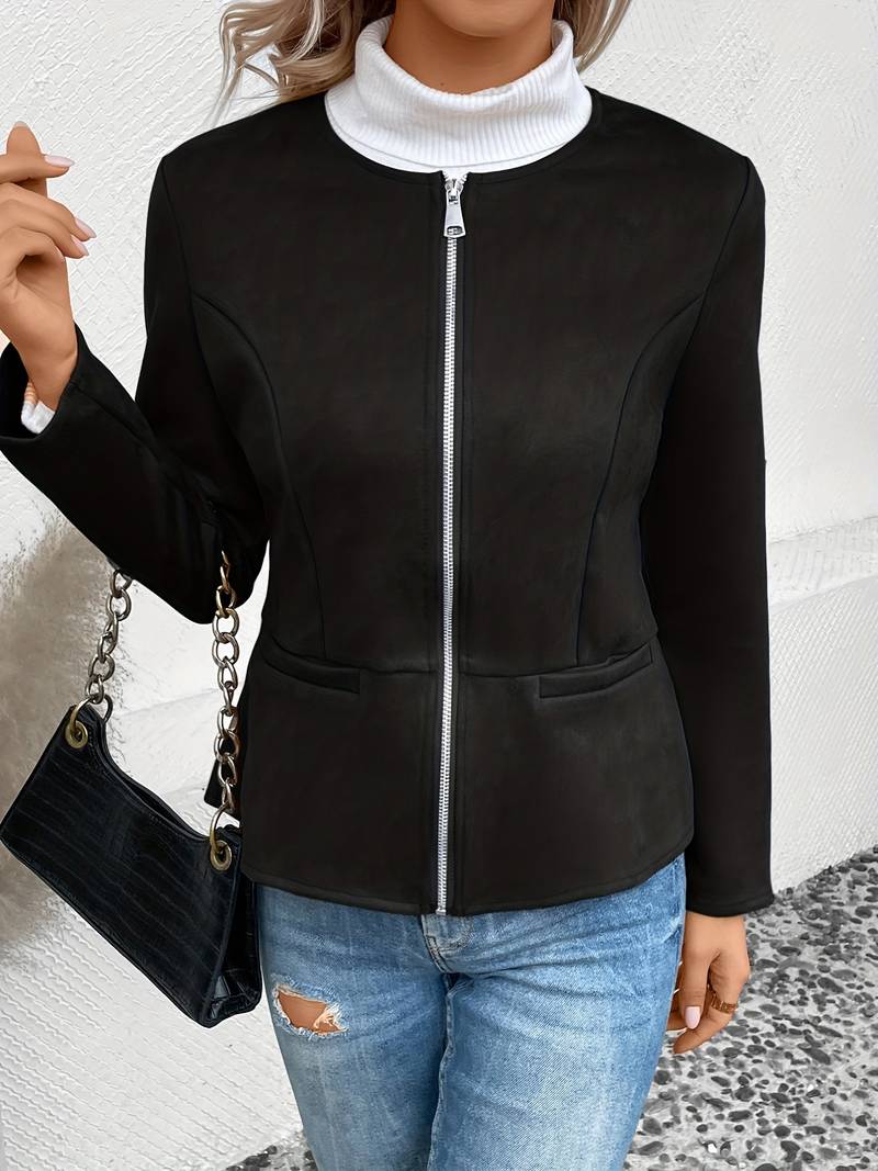 Women's Zip-Up Crew Neck Jacket with Long Sleeves and Pockets