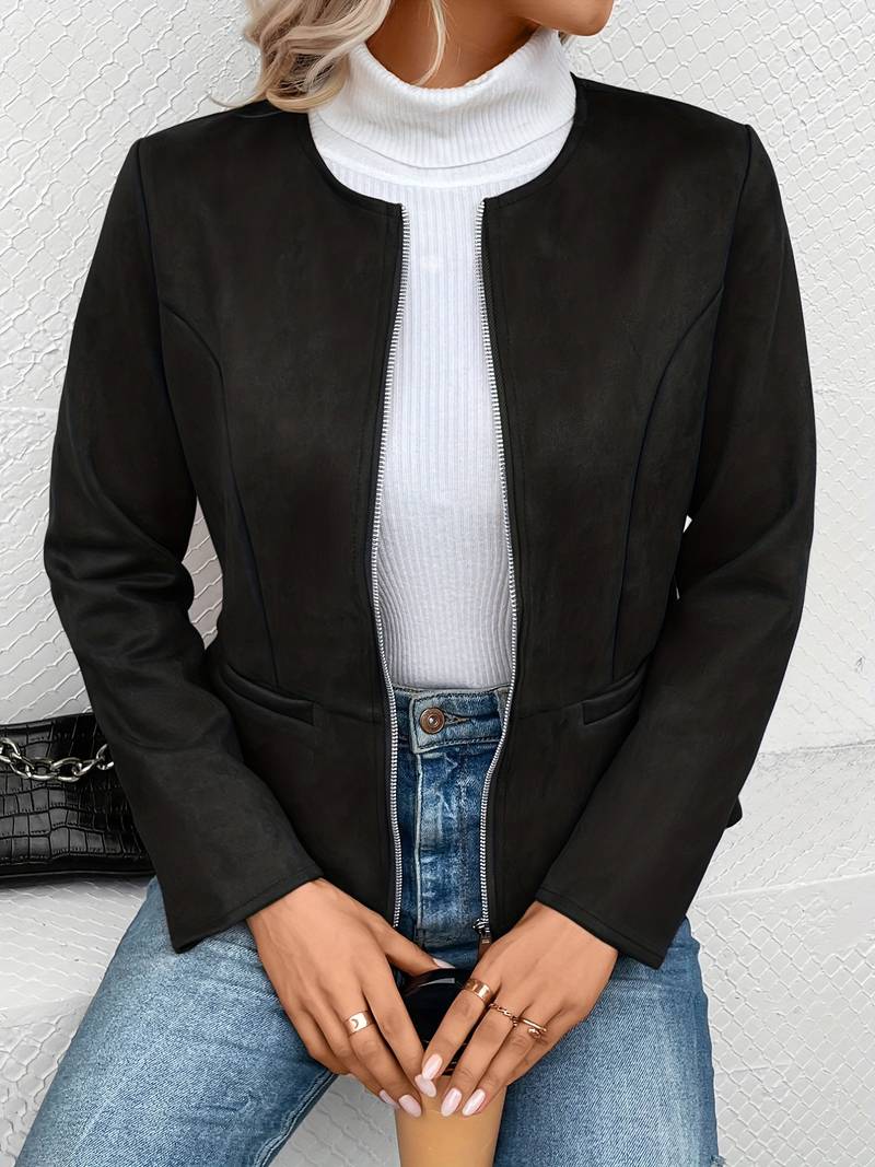 Women's Zip-Up Crew Neck Jacket with Long Sleeves and Pockets