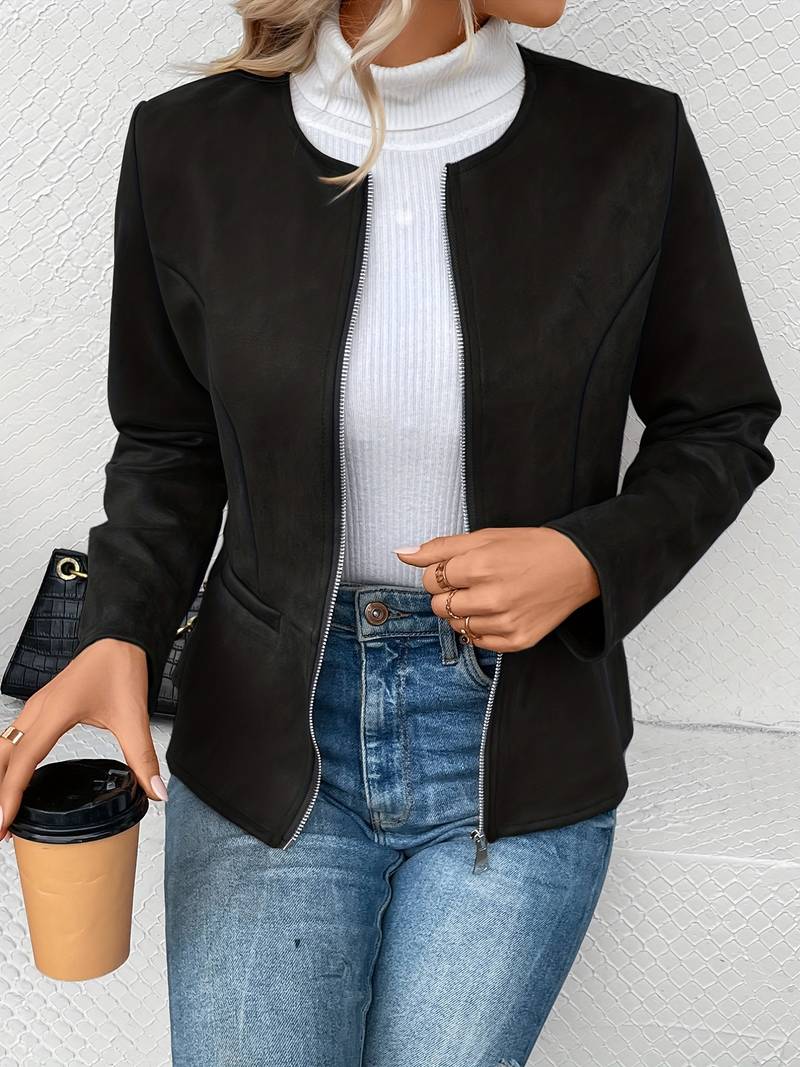 Women's Zip-Up Crew Neck Jacket with Long Sleeves and Pockets