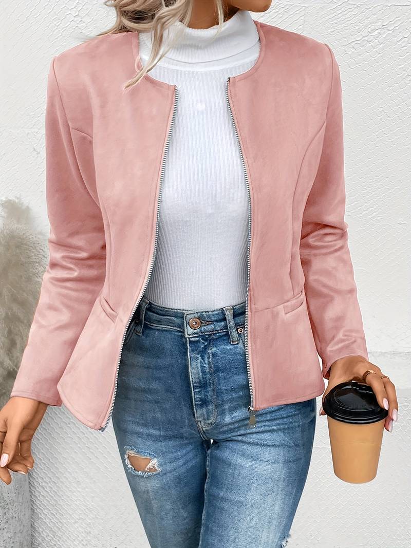 Women's Zip-Up Crew Neck Jacket with Long Sleeves and Pockets