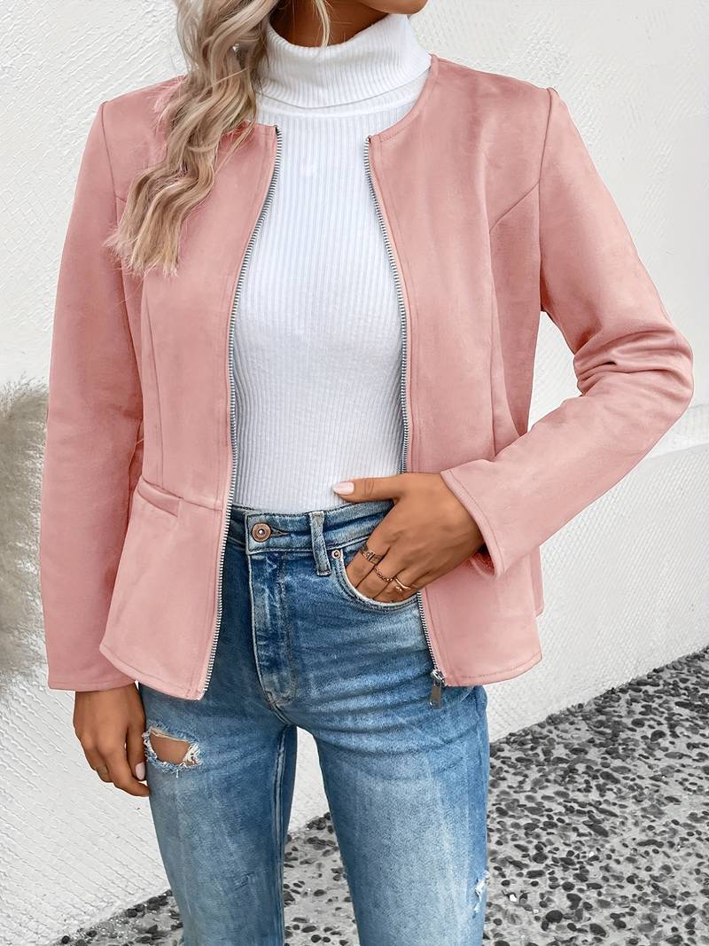 Women's Zip-Up Crew Neck Jacket with Long Sleeves and Pockets