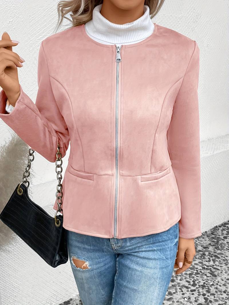 Women's Zip-Up Crew Neck Jacket with Long Sleeves and Pockets
