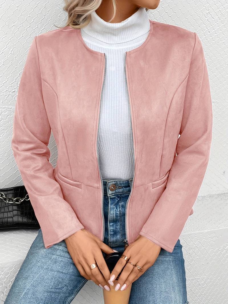 Women's Zip-Up Crew Neck Jacket with Long Sleeves and Pockets