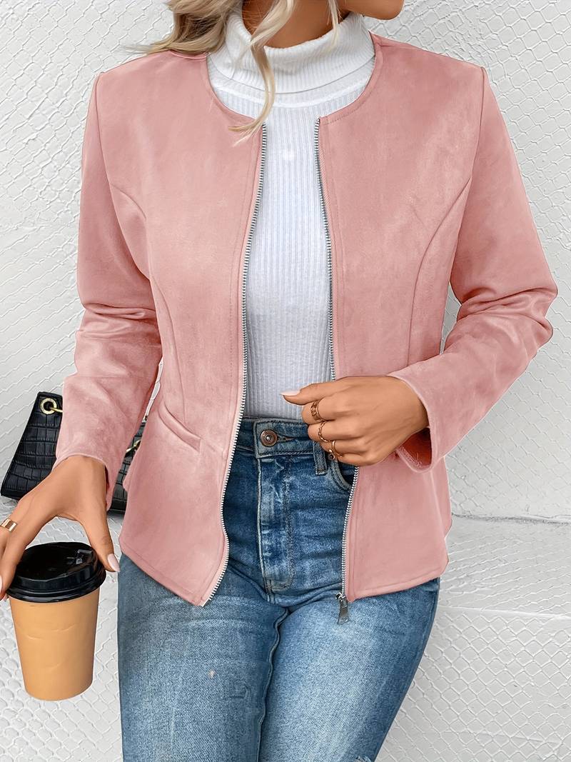 Women's Zip-Up Crew Neck Jacket with Long Sleeves and Pockets