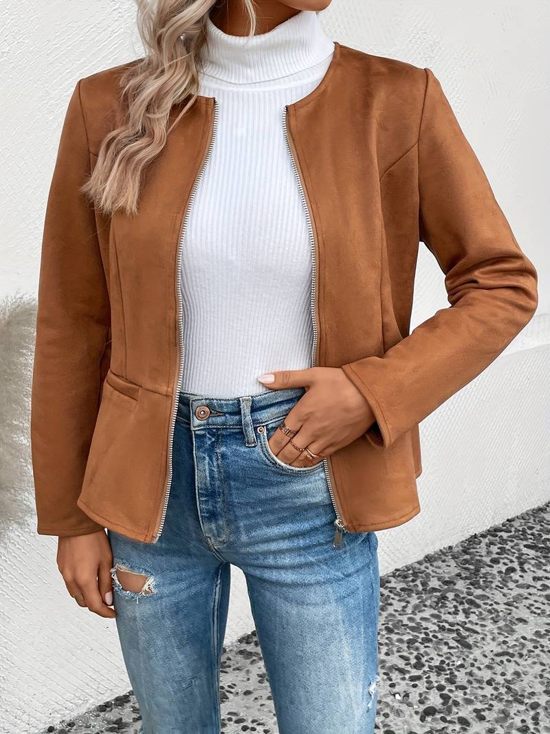 Women's Zip-Up Crew Neck Jacket with Long Sleeves and Pockets