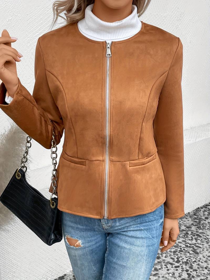 Women's Zip-Up Crew Neck Jacket with Long Sleeves and Pockets