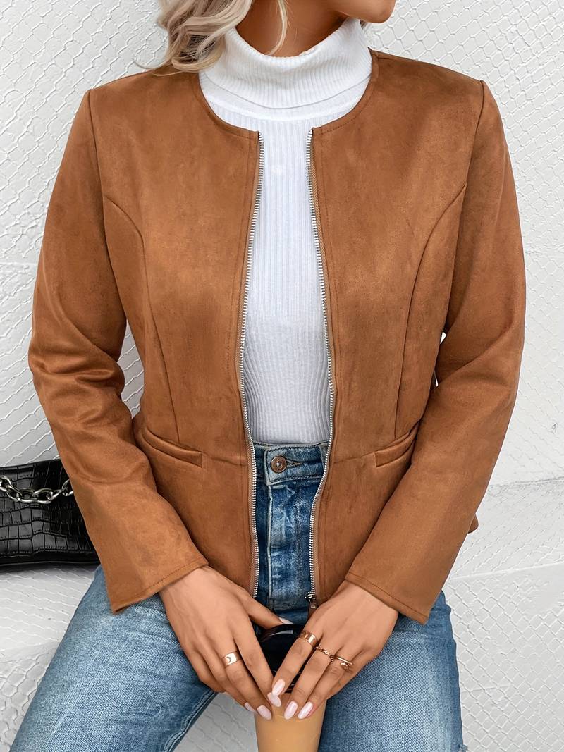 Women's Zip-Up Crew Neck Jacket with Long Sleeves and Pockets