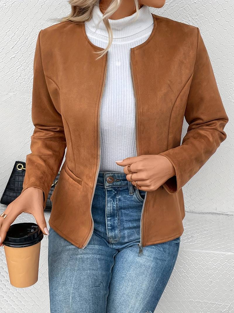 Women's Zip-Up Crew Neck Jacket with Long Sleeves and Pockets