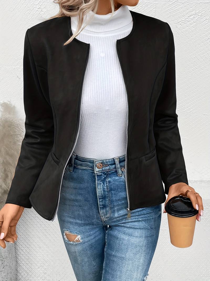 Women's Zip-Up Crew Neck Jacket with Long Sleeves and Pockets
